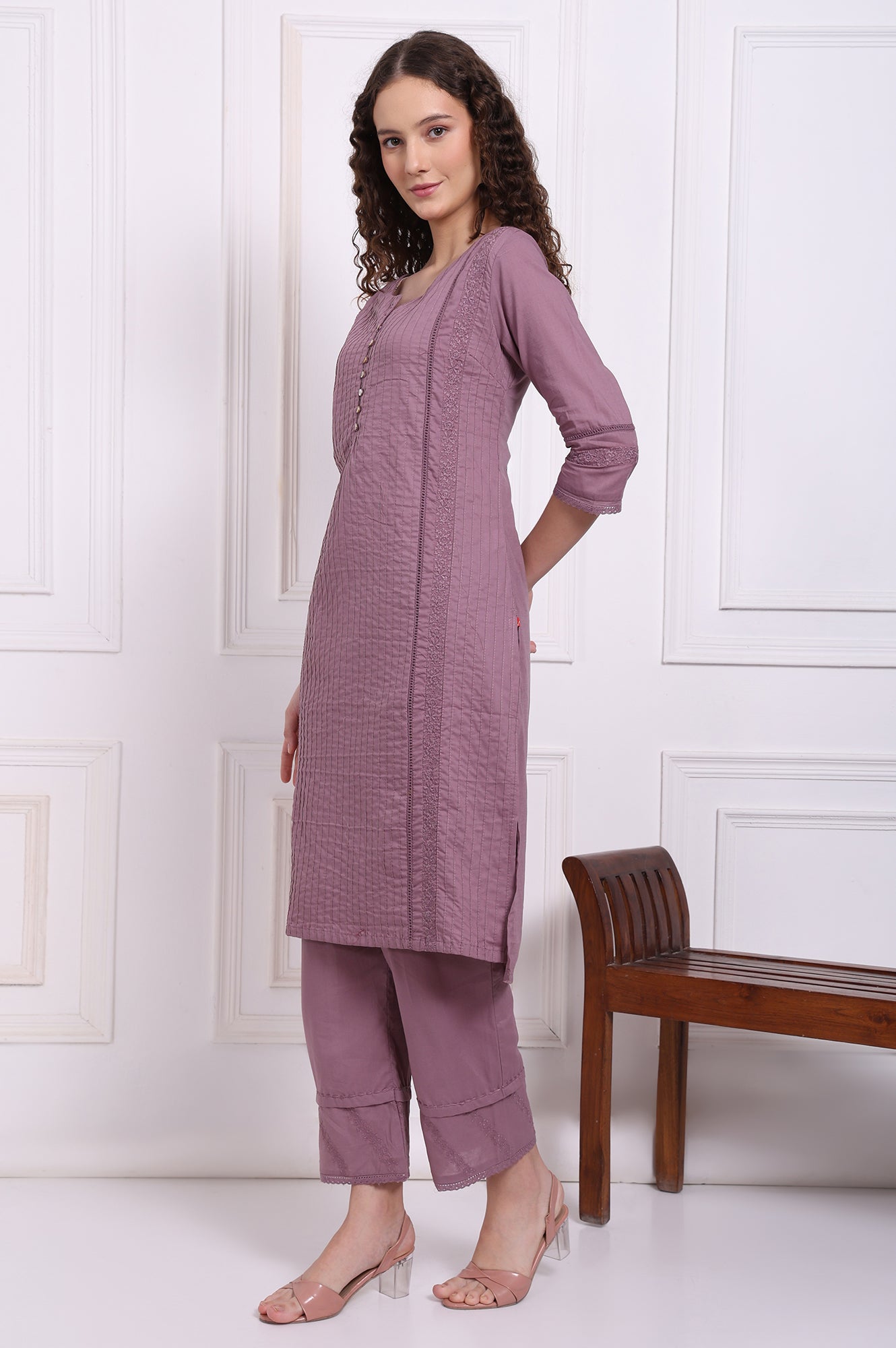 Purple Embroidered Pure Cotton Straight Kurta and Pants Co-ord Set