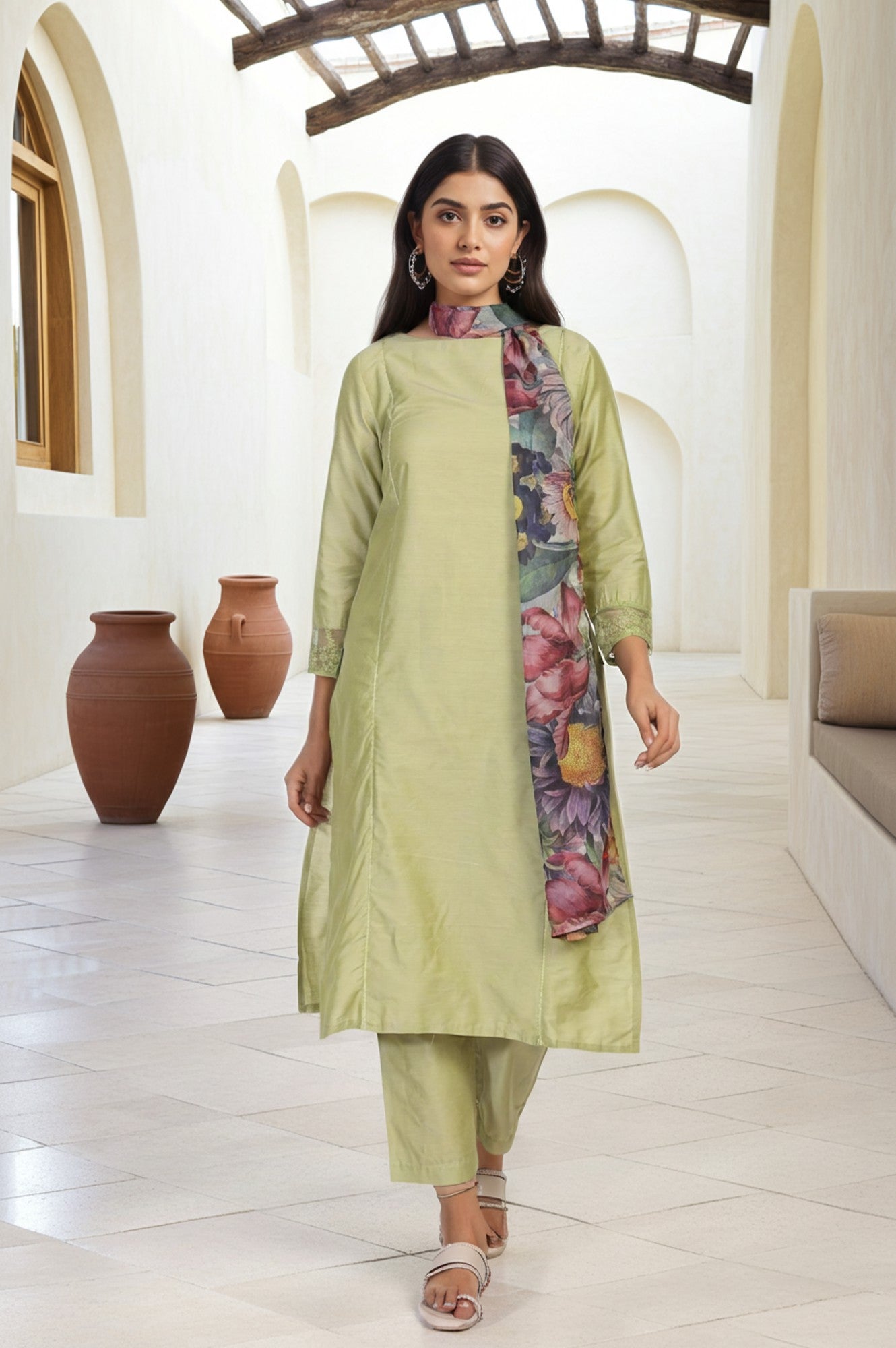 Light Green Solid Lace Trim Straight Kurta with Straight Pant and Dupatta Set