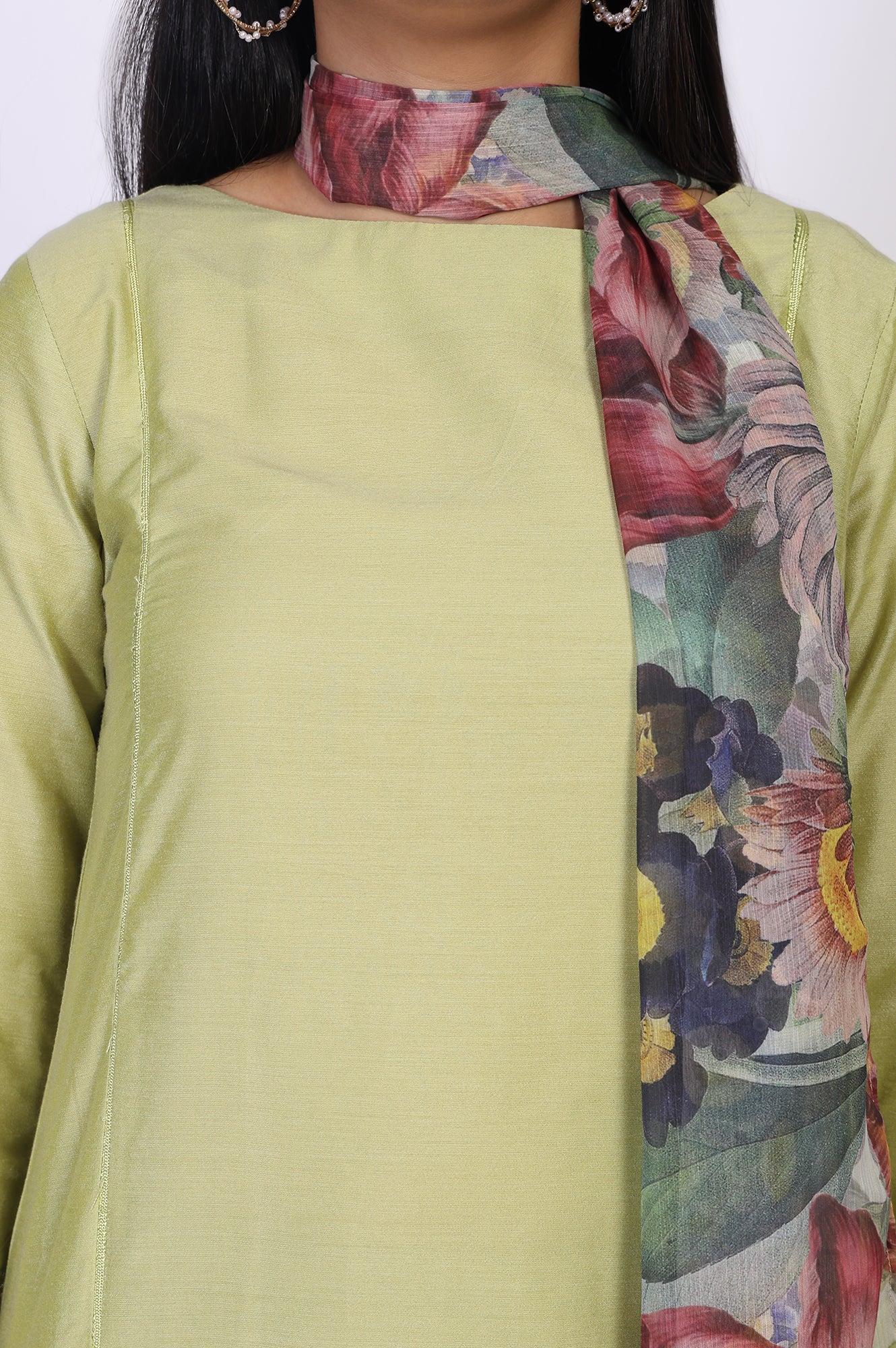 Light Green Solid Lace Trim Straight Kurta with Straight Pant and Dupatta Set