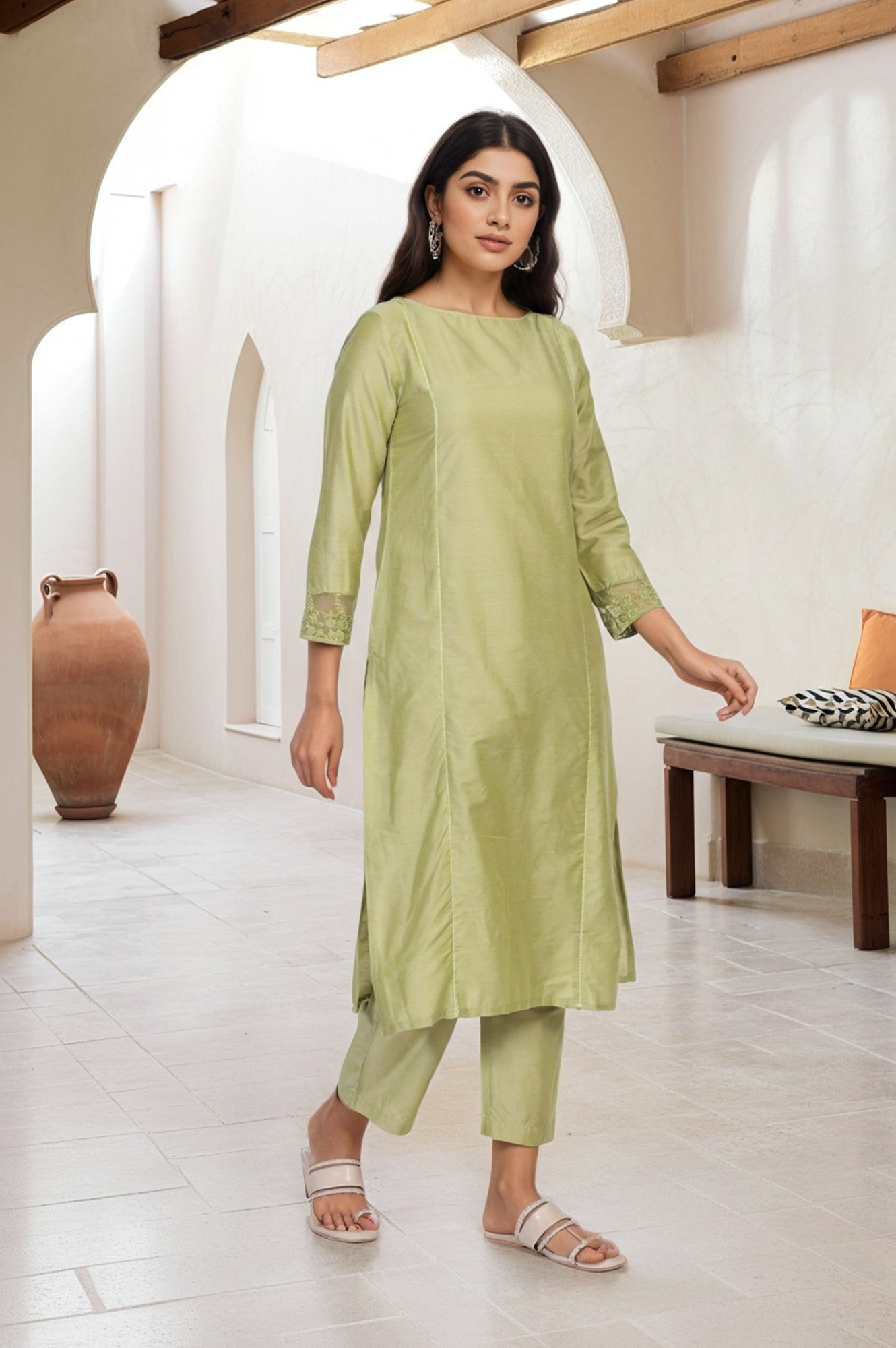 Light Green Solid Lace Trim Straight Kurta with Straight Pant and Dupatta Set