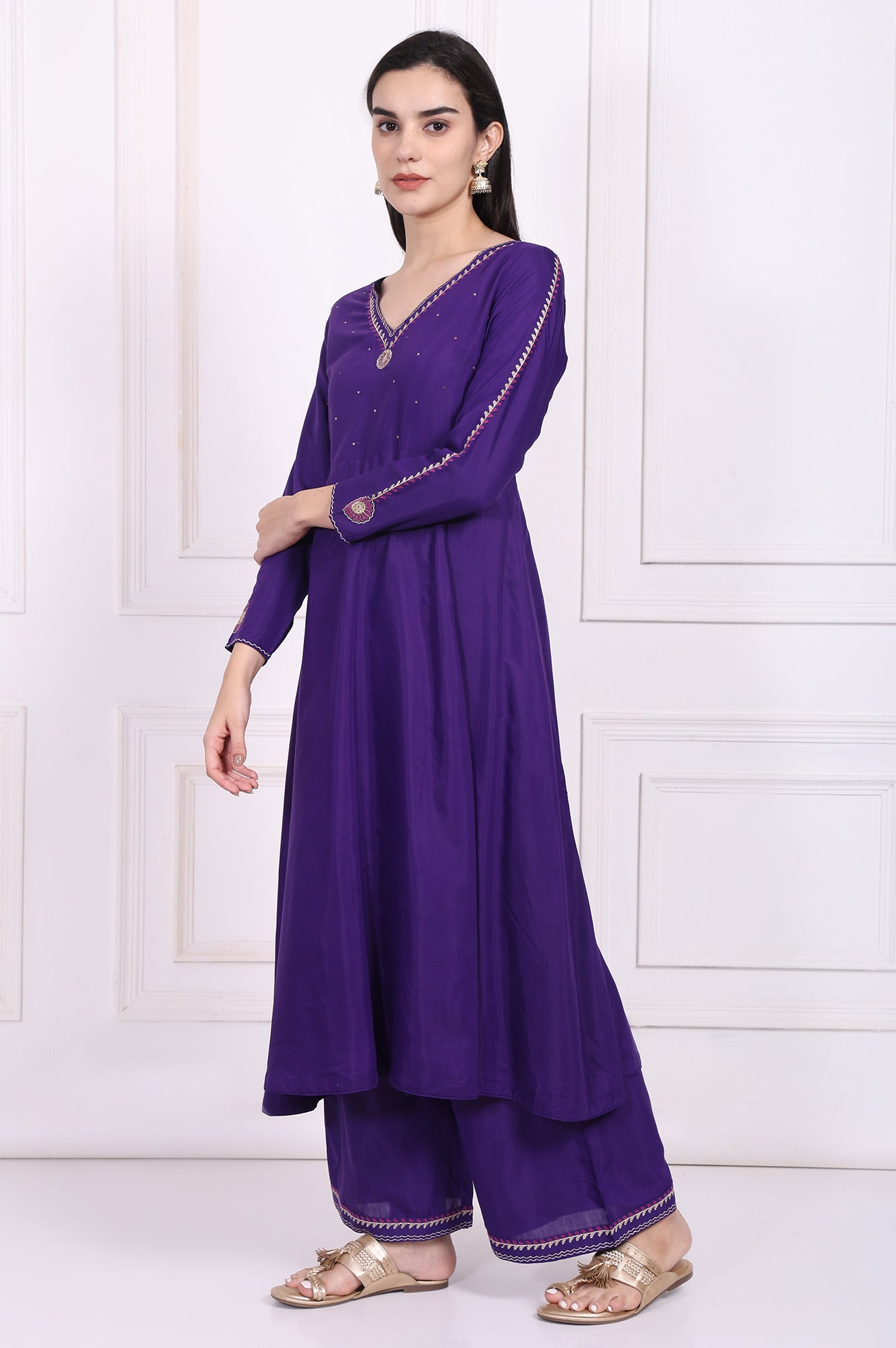Purple Embroidered Anarkali Kurta with Parallel Pant and Dupatta Set