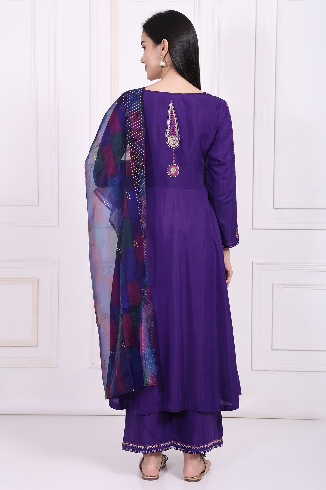 Purple Embroidered Anarkali Kurta with Parallel Pant and Dupatta Set