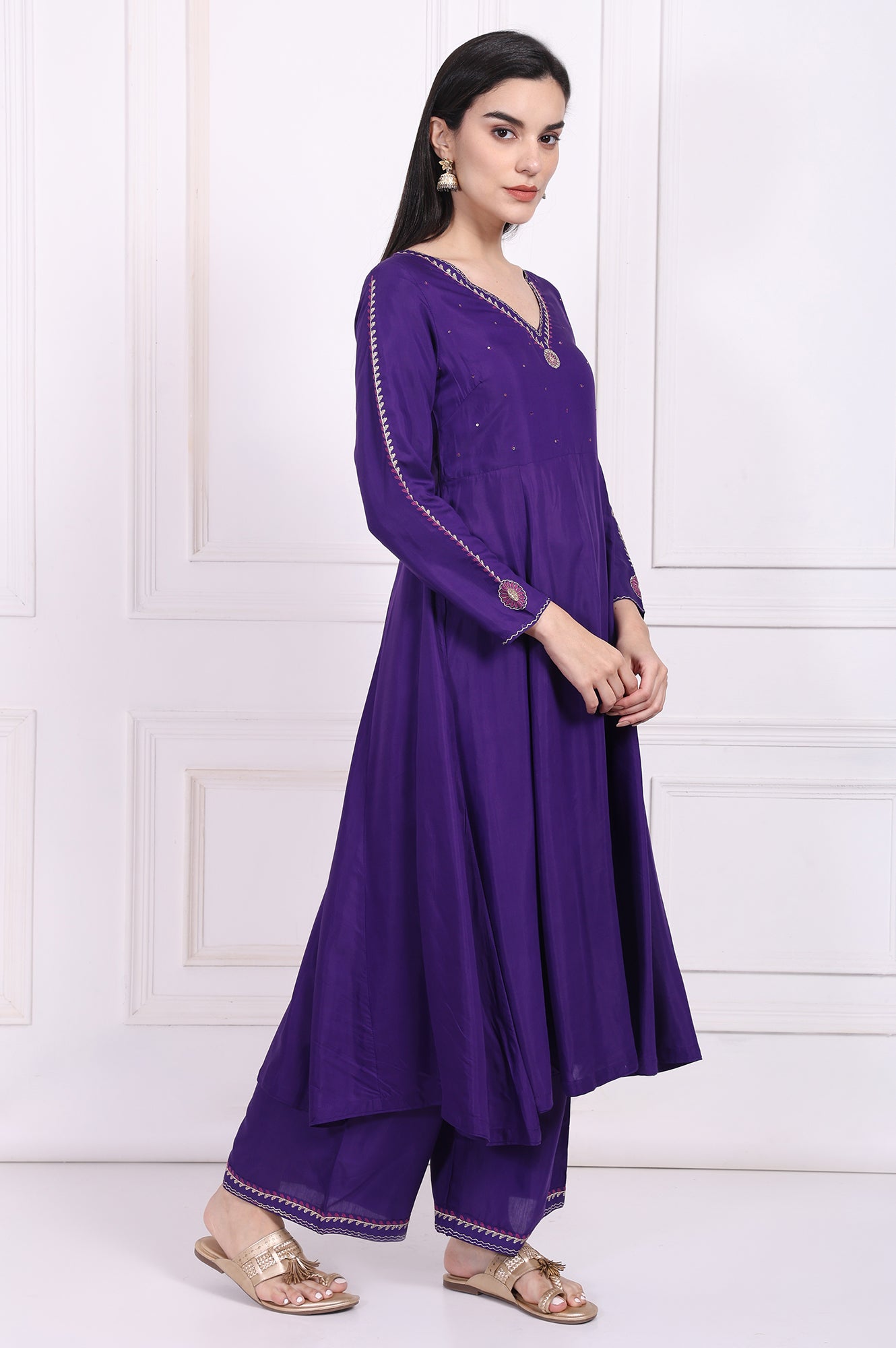 Purple Embroidered Anarkali Kurta with Parallel Pant and Dupatta Set