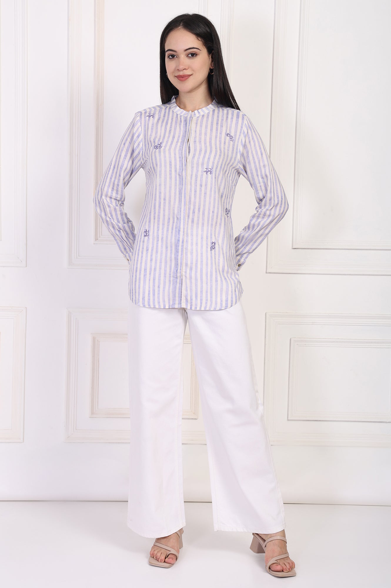 White Striped Printed Thread Embroidered Straight Top