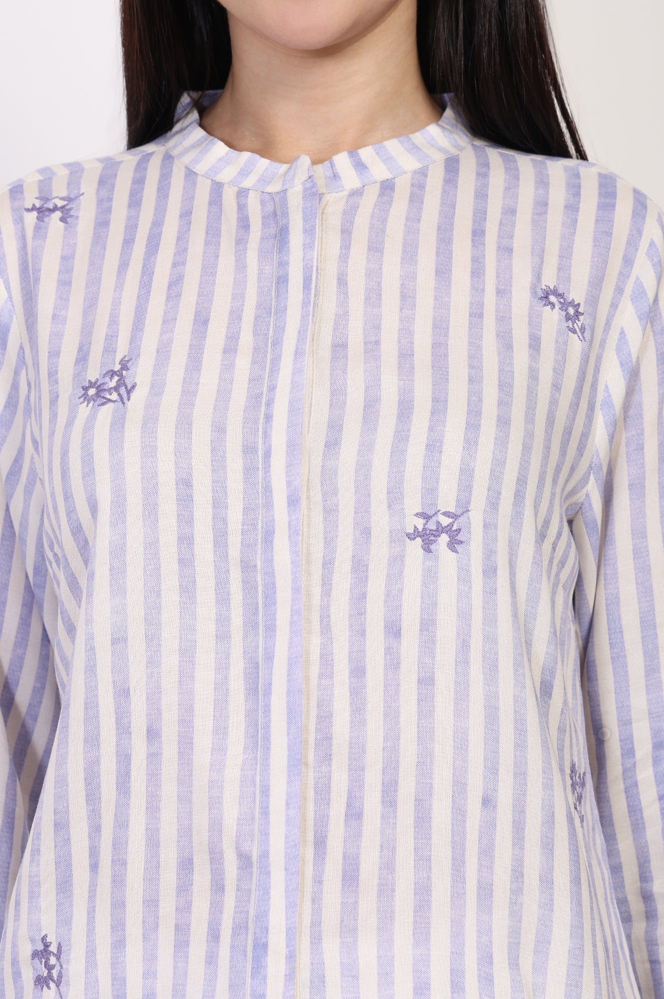 White Striped Printed Thread Embroidered Straight Top
