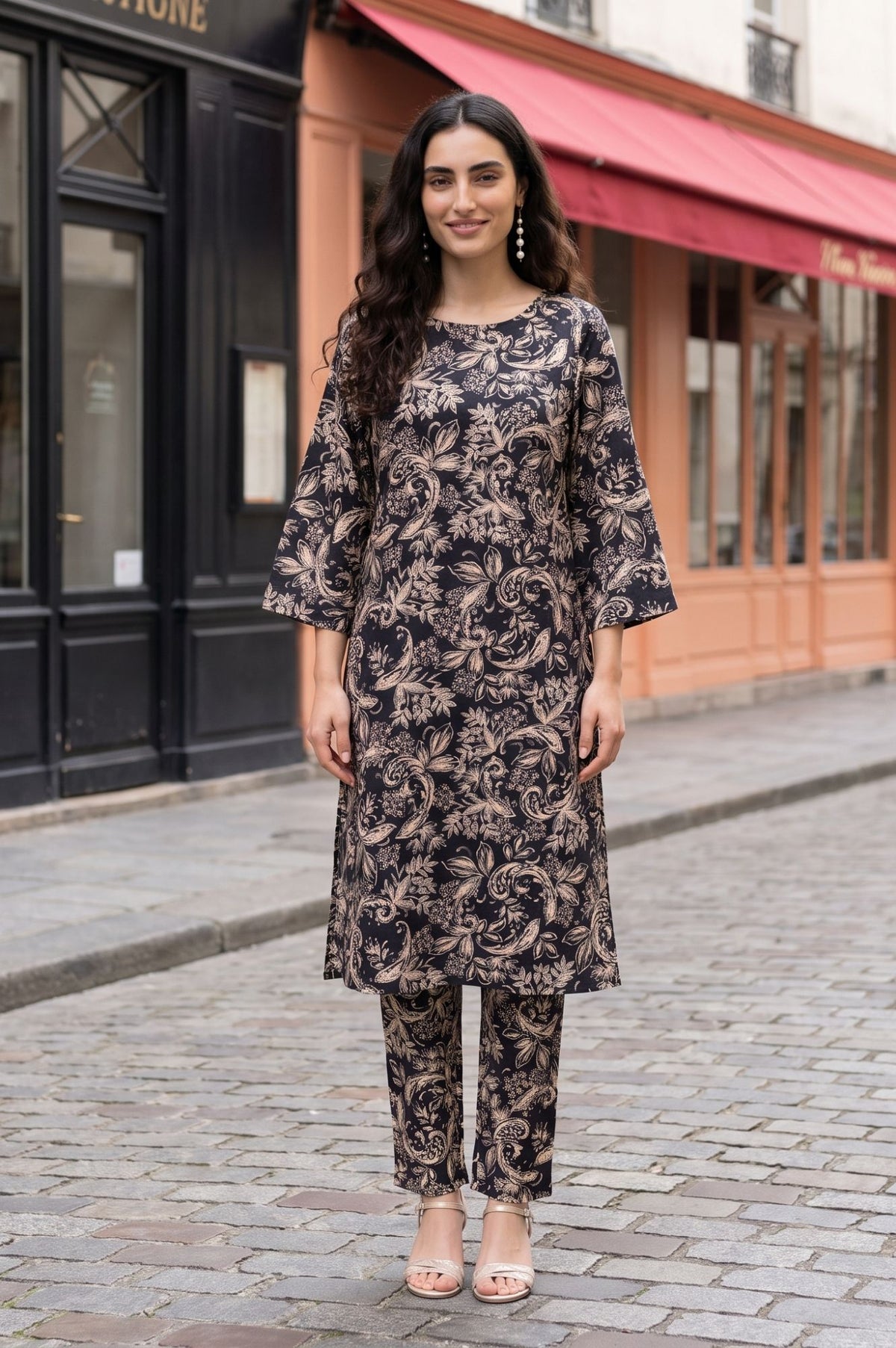Black Floral Printed Straight Kurta