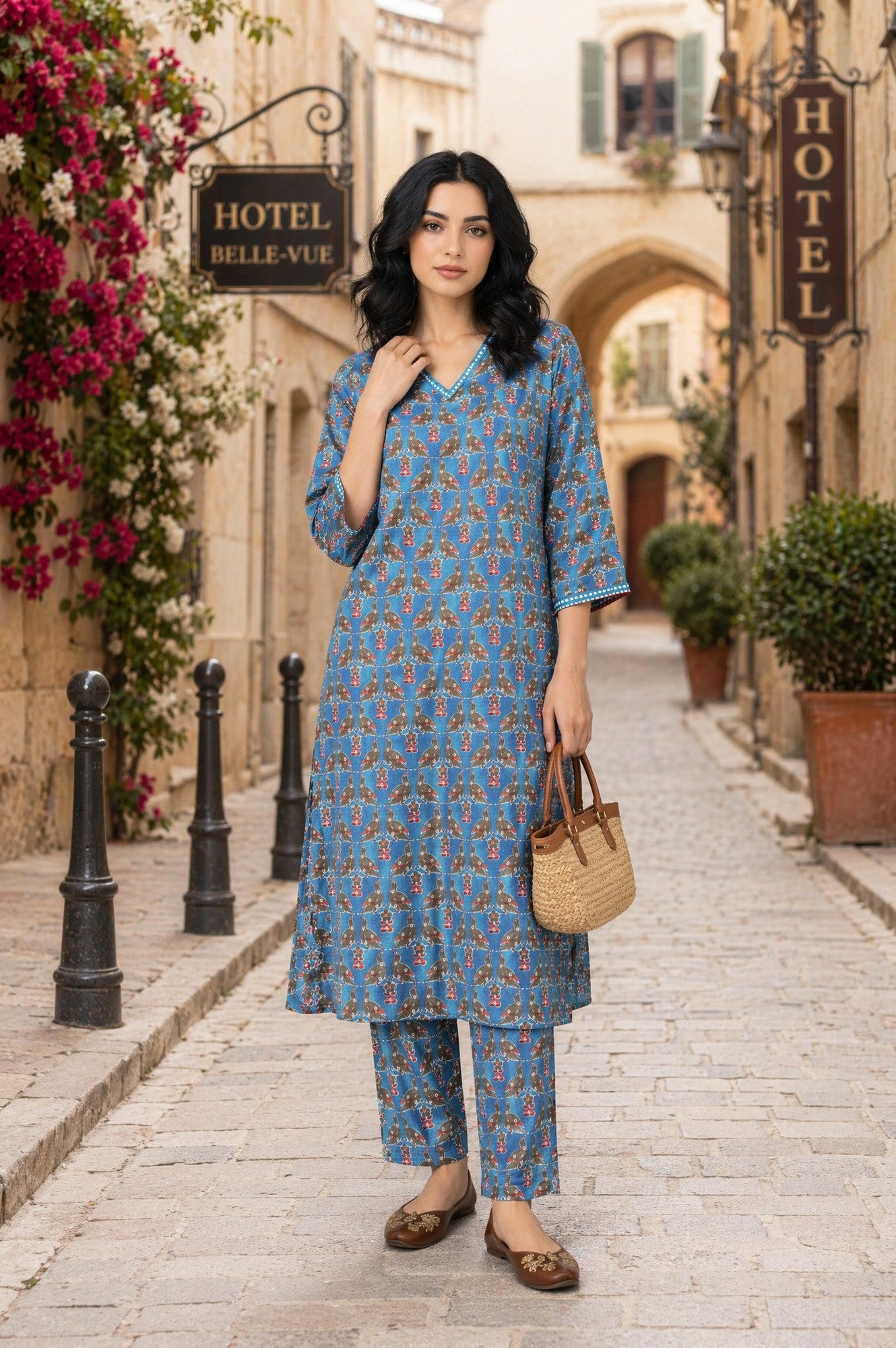 Blue Conversational Printed Satin Straight Kurta