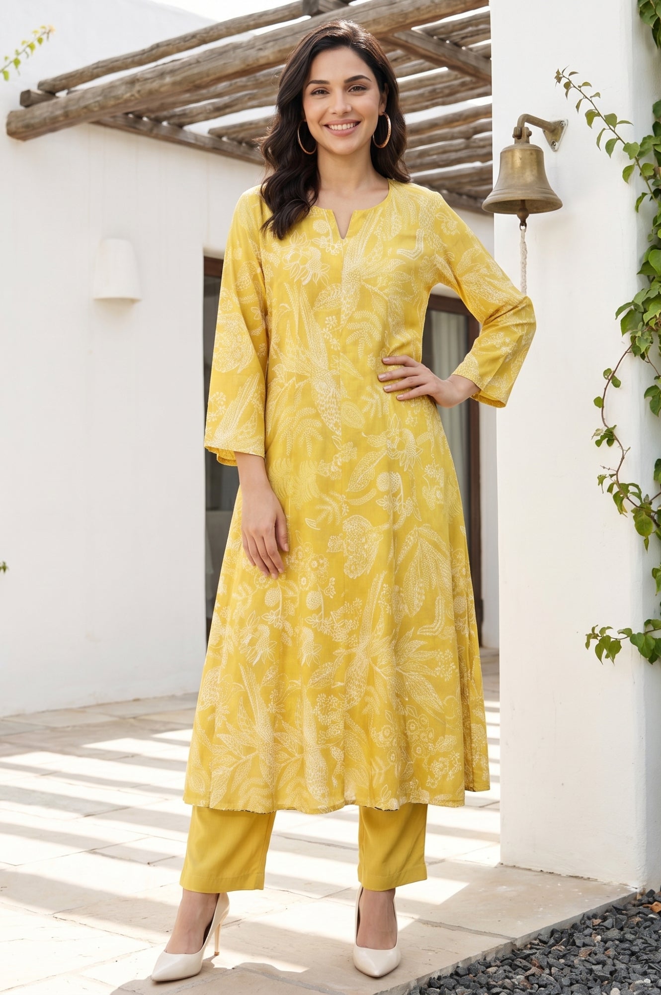 Mustard Floral Printed Rayon Flared Kurta