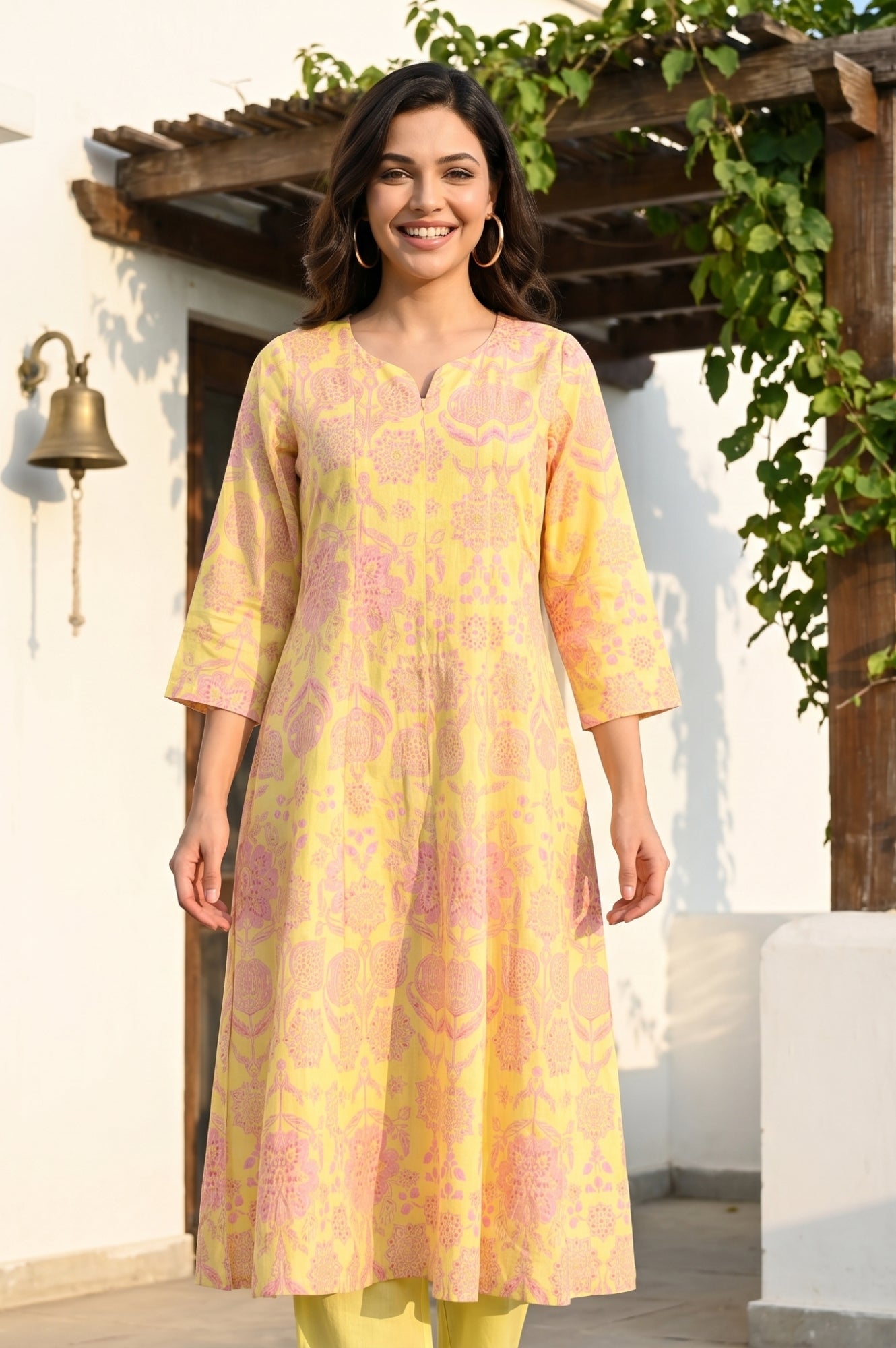 Yellow Floral Printed Cotton Flax Flared Kurta