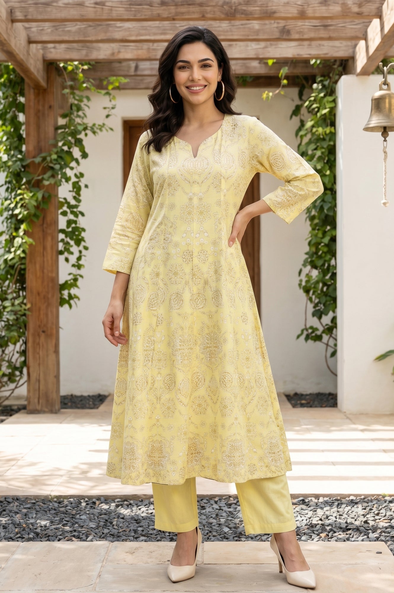 Light Yellow Floral Printed Cotton Flax Flared Kurta