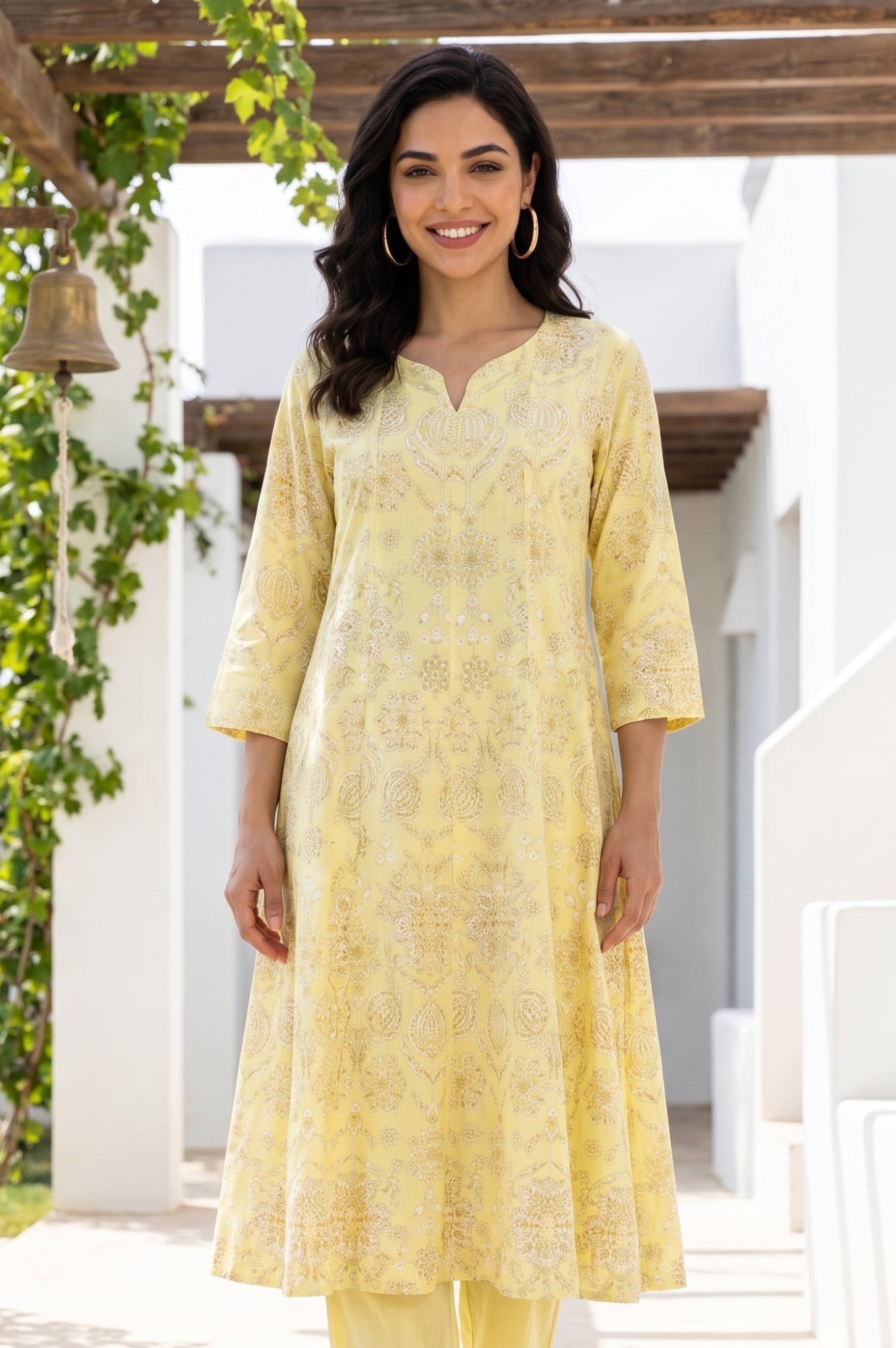 Light Yellow Floral Printed Cotton Flax Flared Kurta
