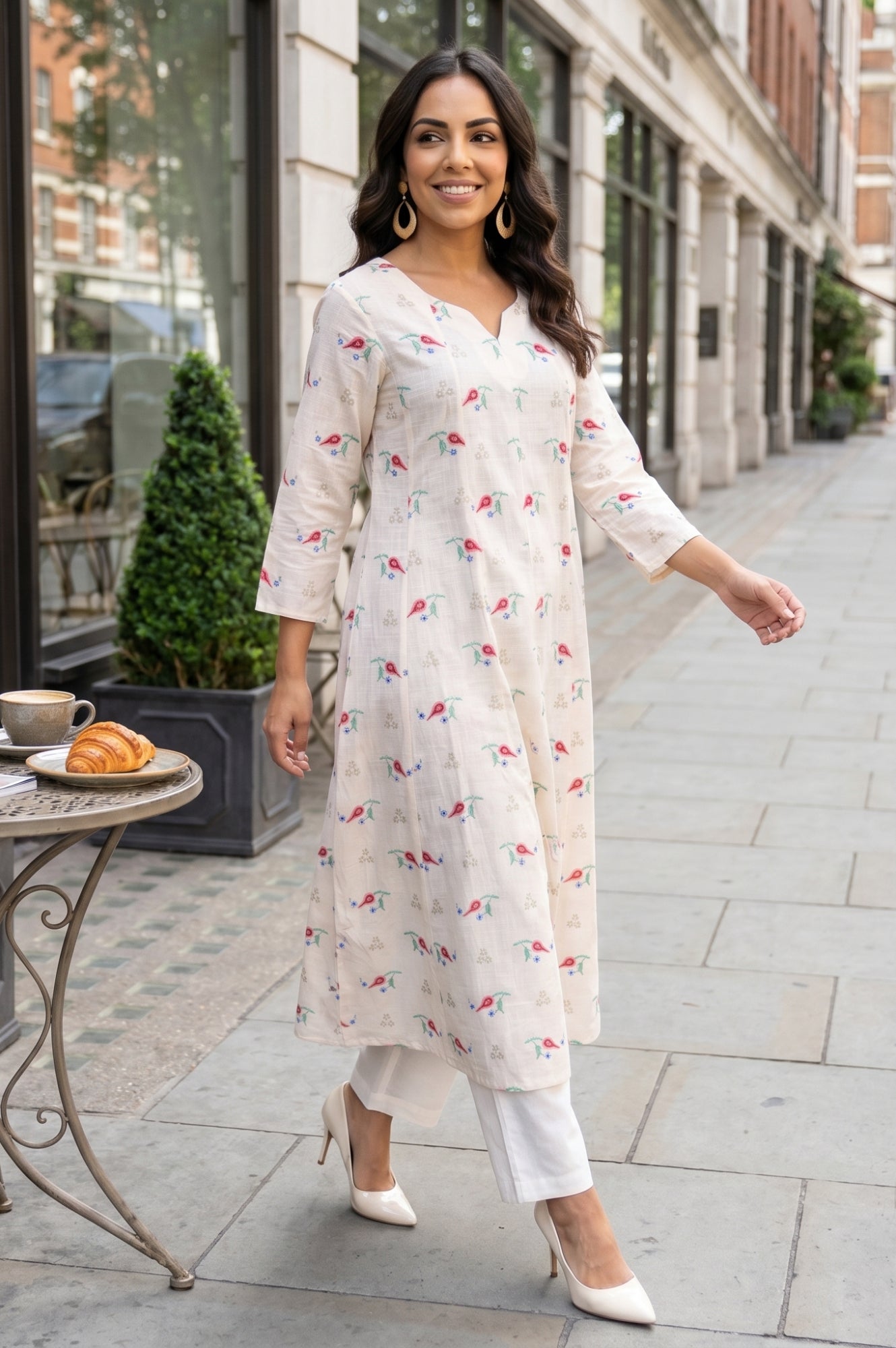 Cream Floral Printed Pure Cotton Flared Kurta