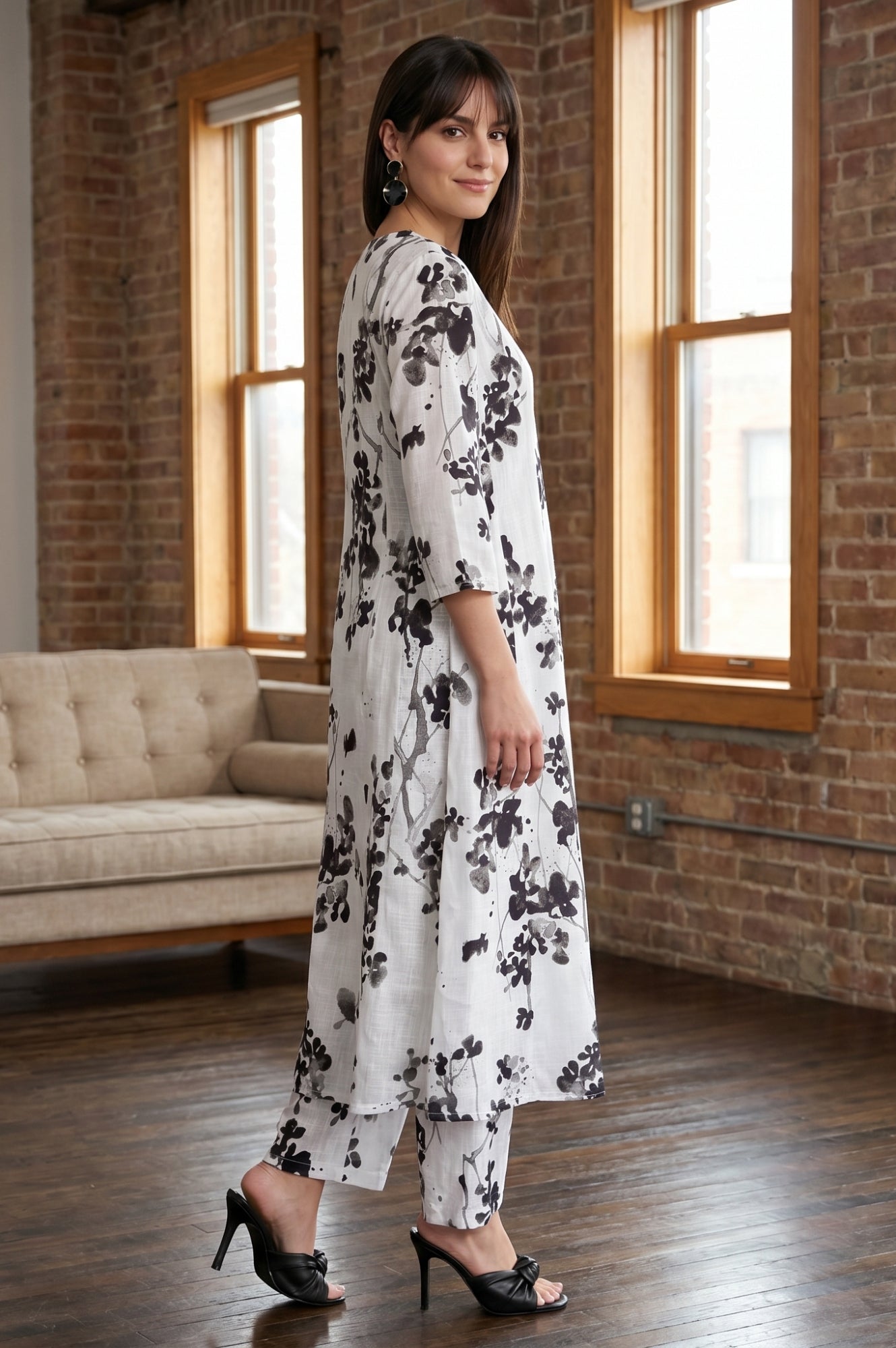 White Floral Printed Pure Cotton Flared Kurta
