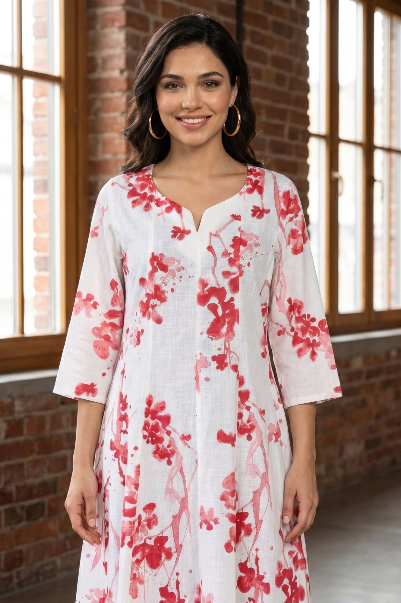 White Floral Printed Pure Cotton Flared Kurta
