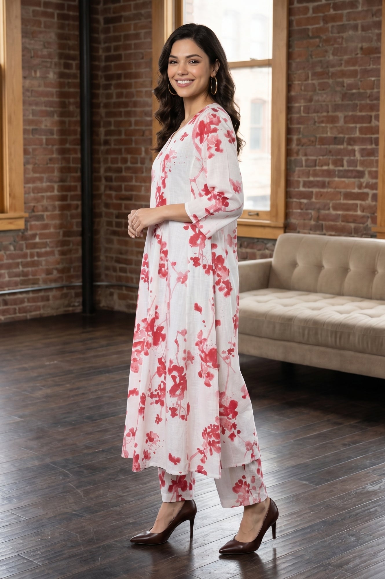 White Floral Printed Pure Cotton Flared Kurta