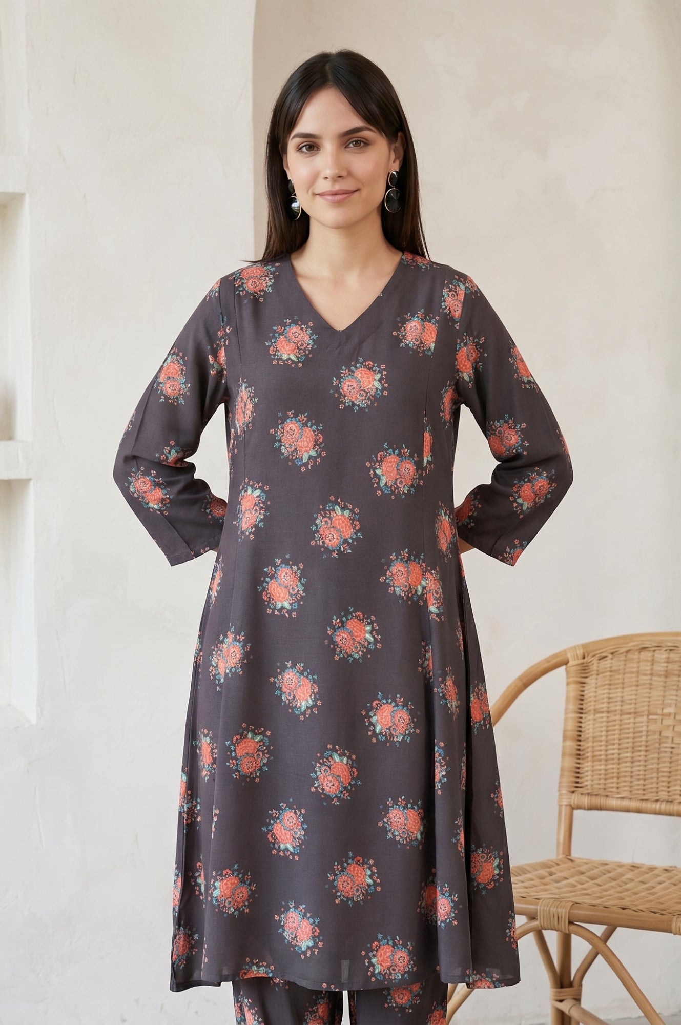 Charcoal Floral Printed Rayon Flared Kurta
