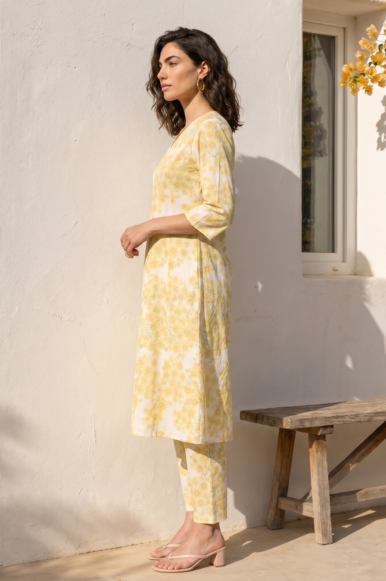Off White Floral Printed Pure Cotton A-line Kurta
