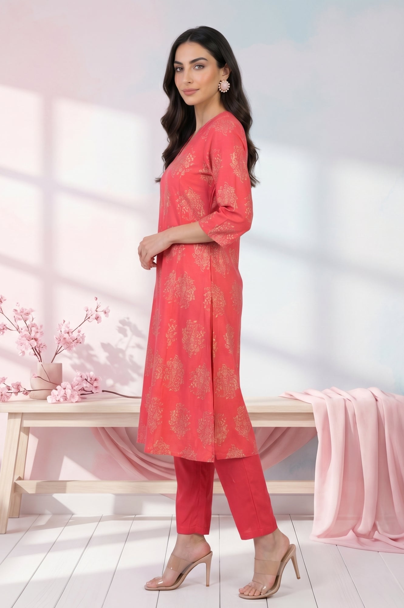 Red Foil Floral Printed Pure Cotton Flared Kurta