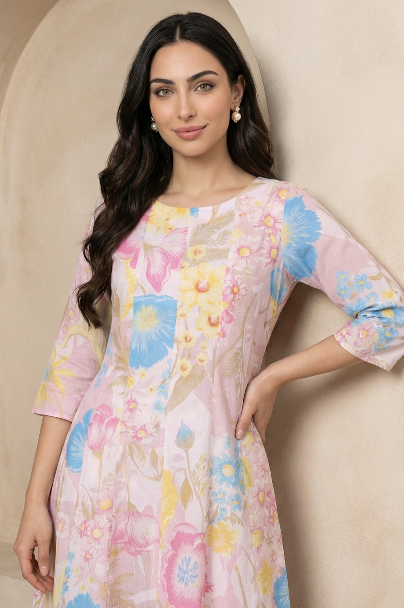 Pink Floral Printed Pure Cotton A-line Kurta