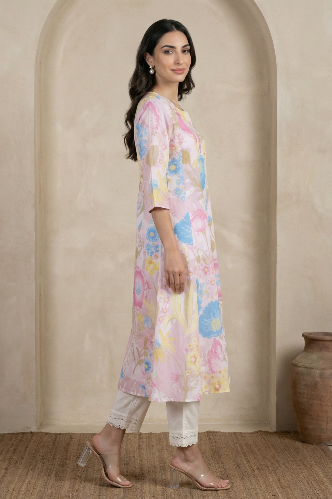 Pink Floral Printed Pure Cotton A-line Kurta