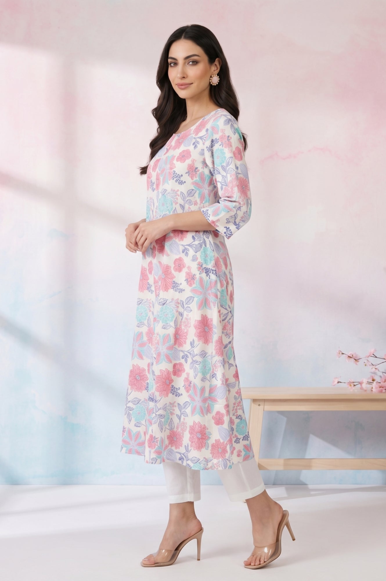 White Floral Printed Cotton Flax Flared Kurta