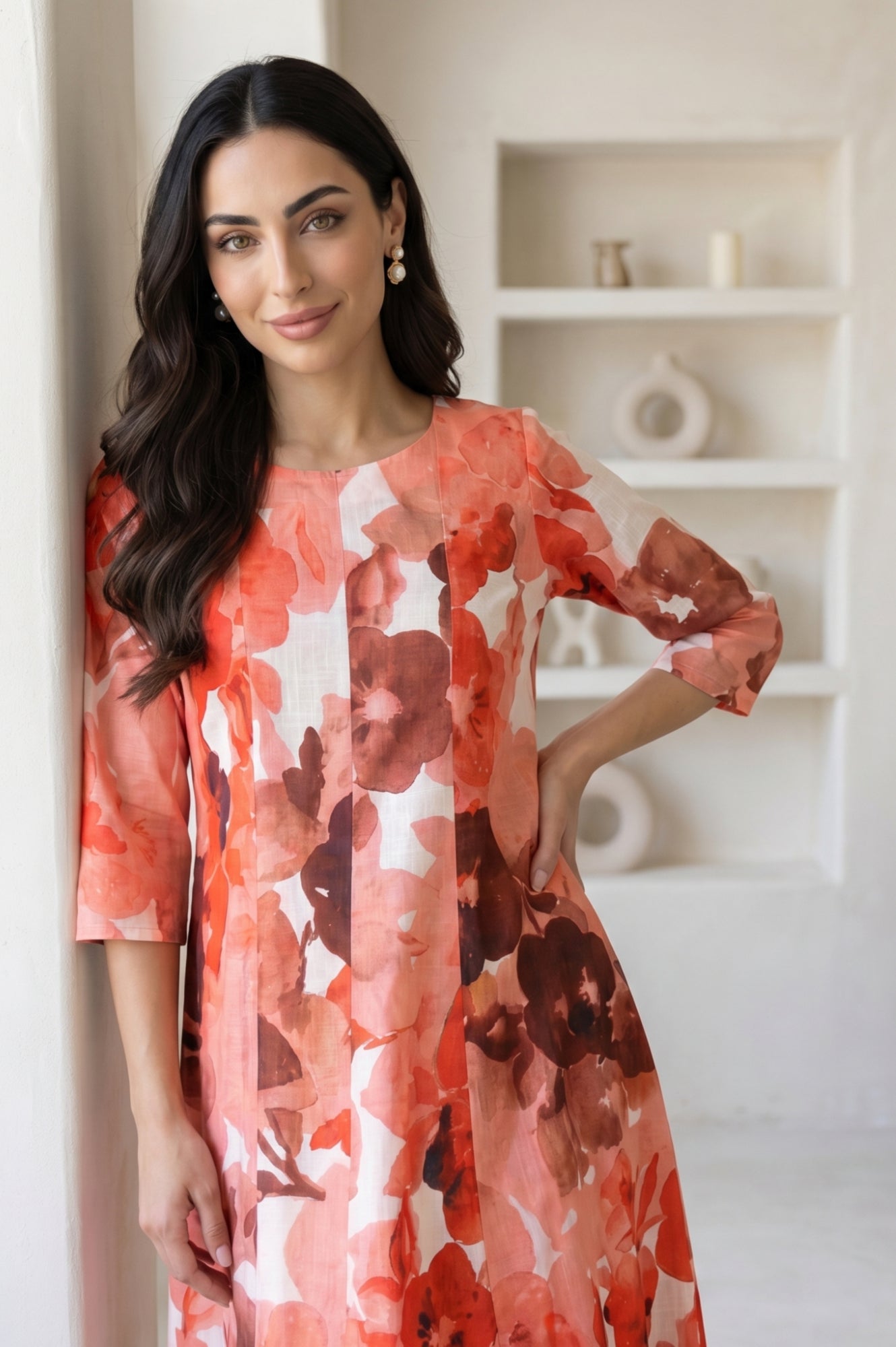 Peach Floral Printed Cotton Flax A-line Kurta