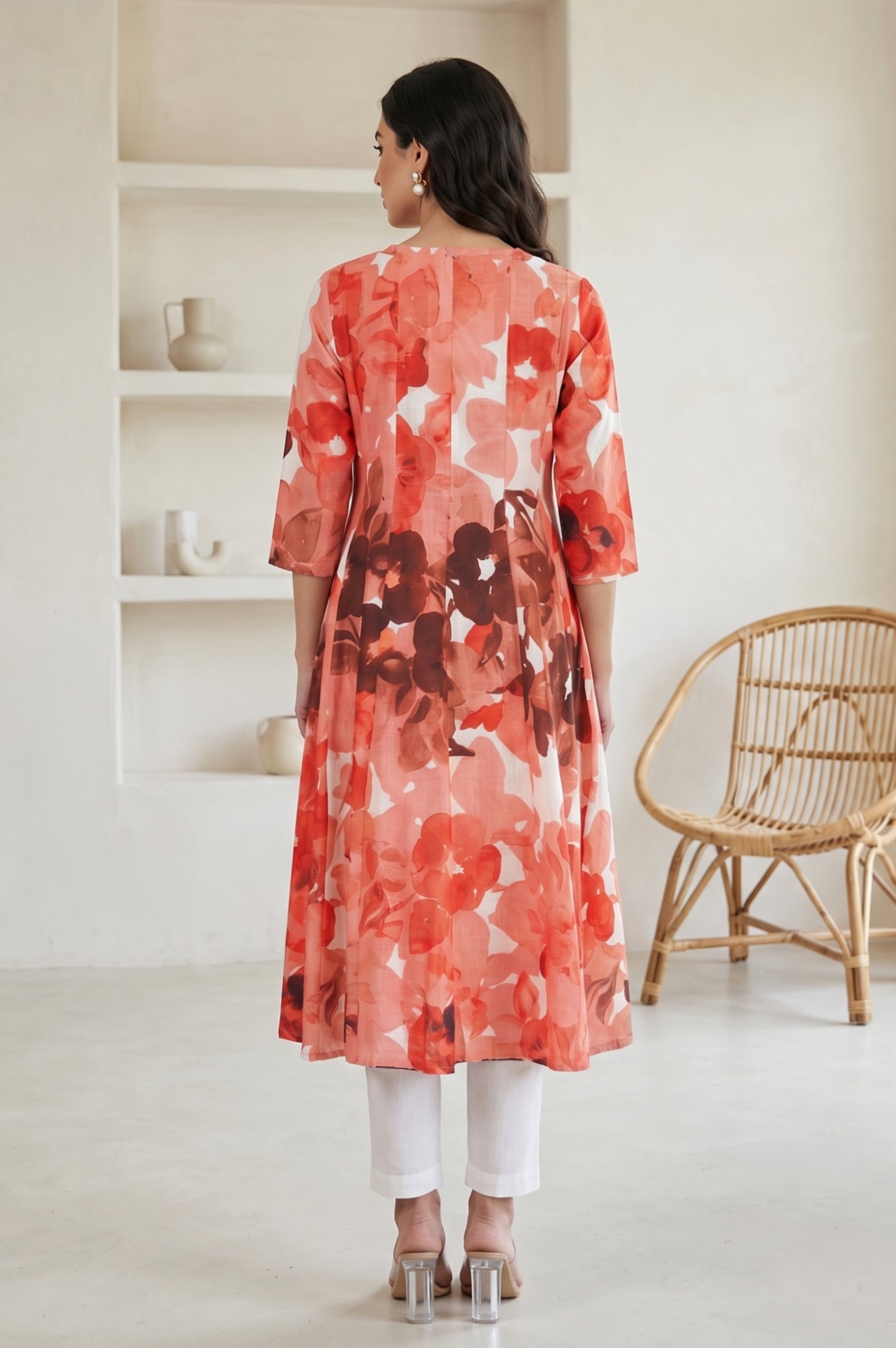 Peach Floral Printed Cotton Flax A-line Kurta