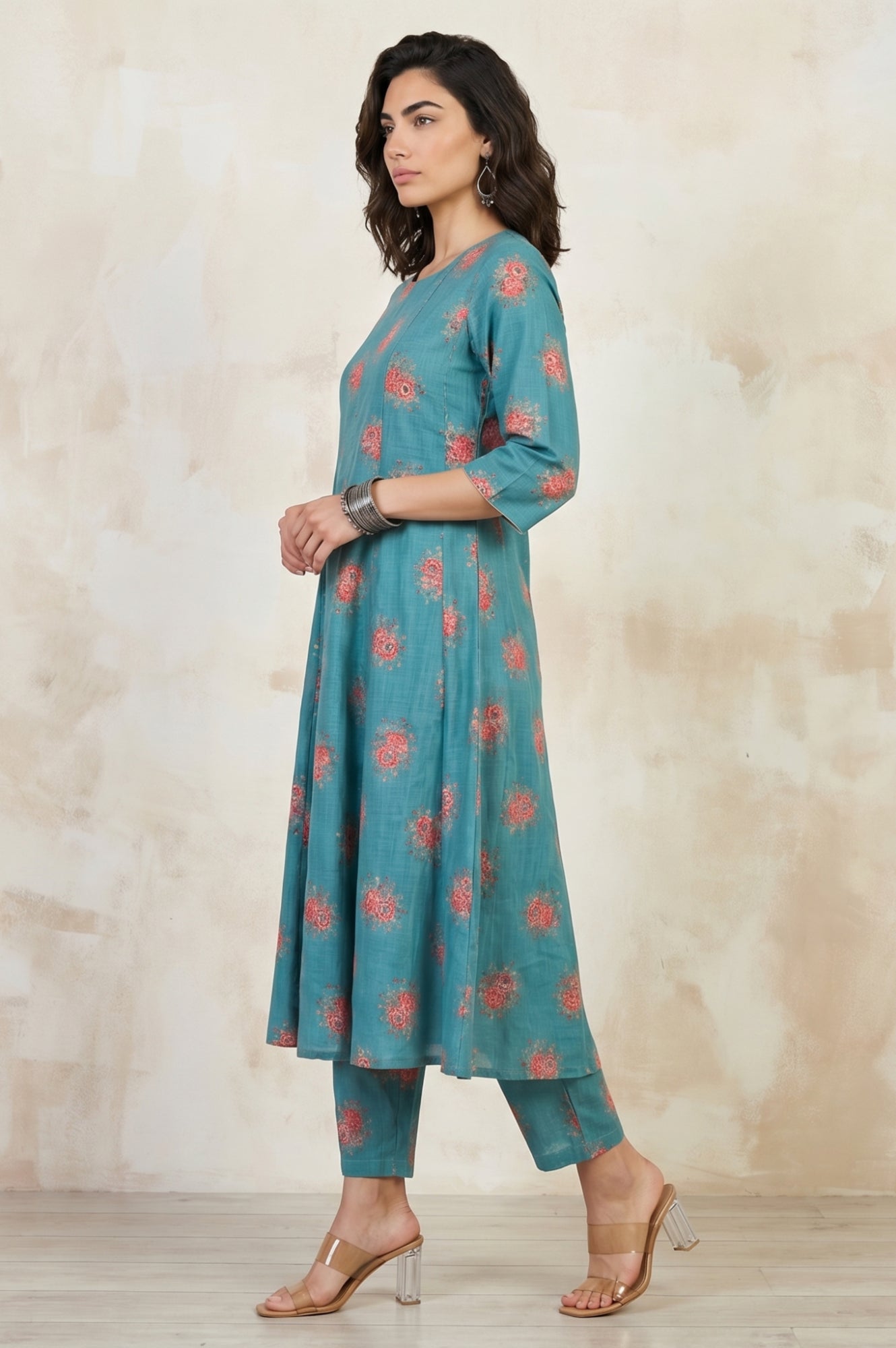 Teal Floral Printed Cotton Flax Flared Kurta