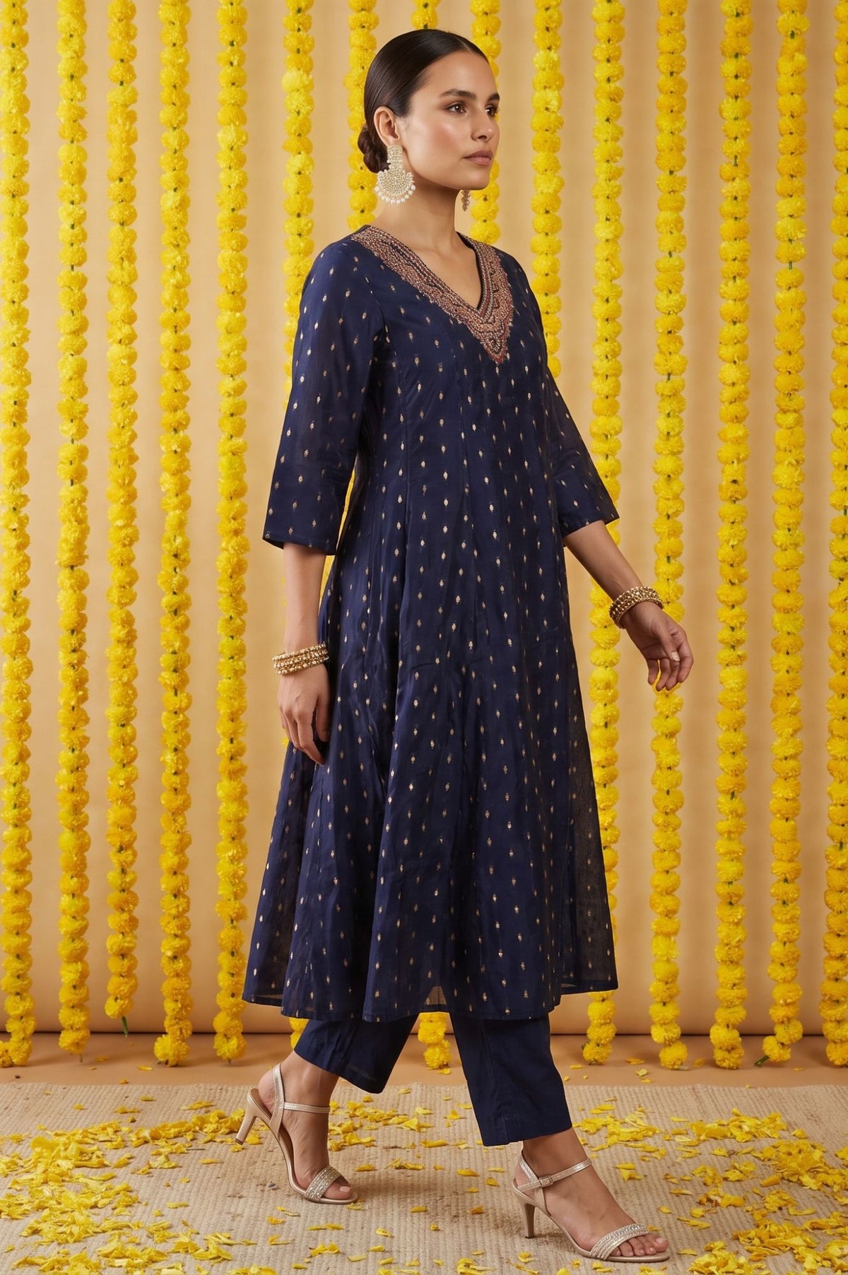Navy Blue Yarn Dyed Embroidered Chanderi A-line Kurta