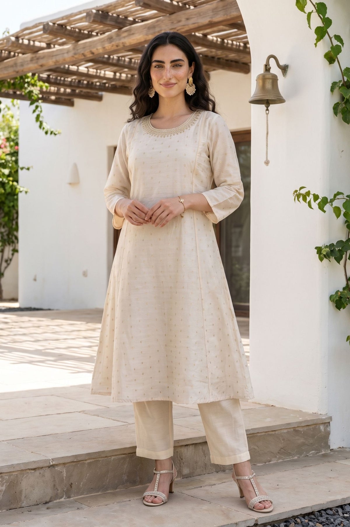 Off White Yarn Dyed Zari Embroidered Chanderi A-line Kurta