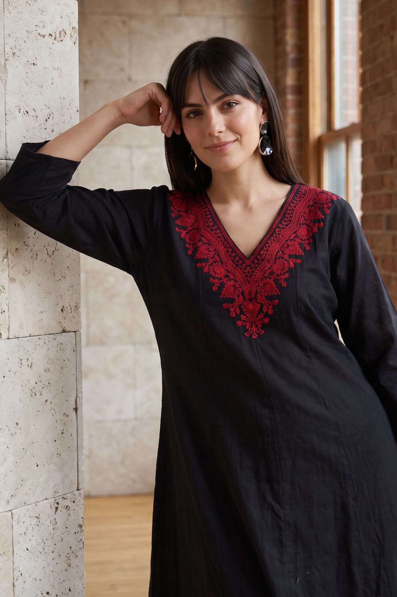 Black Embroidered Pure Cotton A-line Kurta
