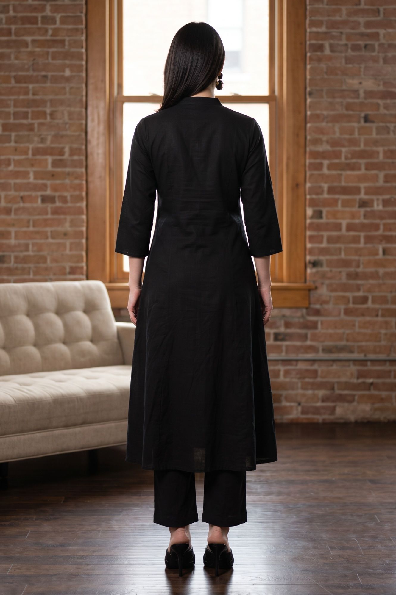 Black Embroidered Pure Cotton A-line Kurta