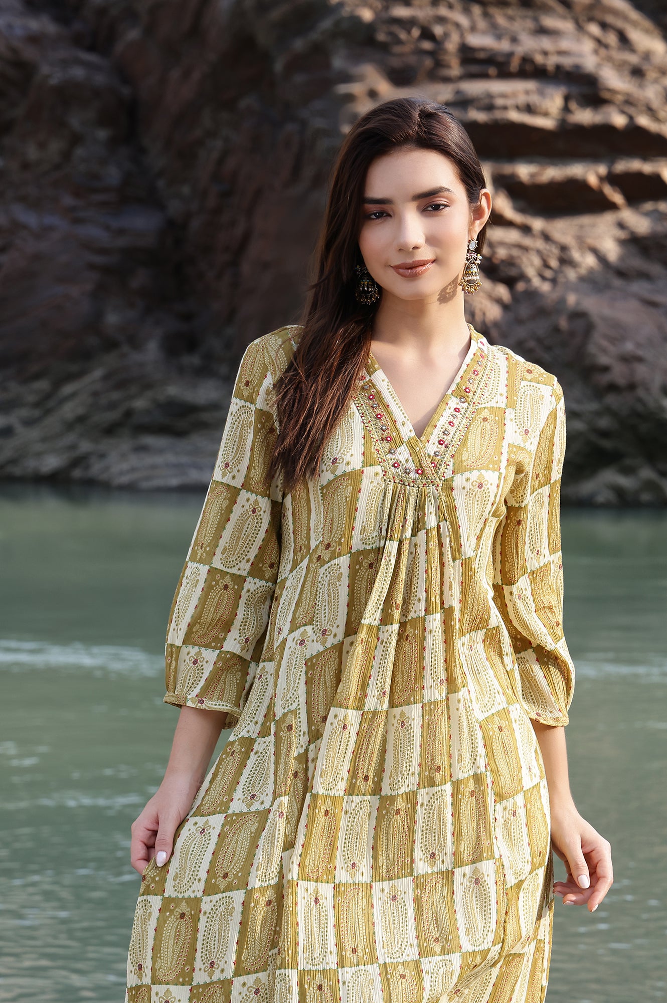 Green Paisley Printed Cotton Crepe Kurta with Mirror Embroidery