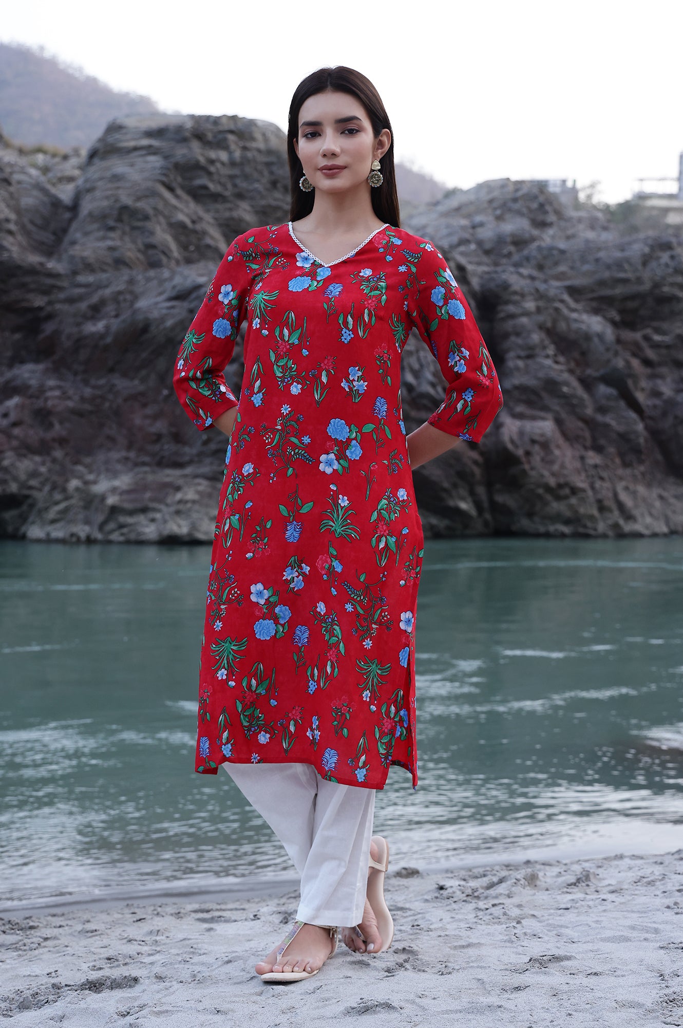 Red Bold Floral Printed Modal Straight Kurta