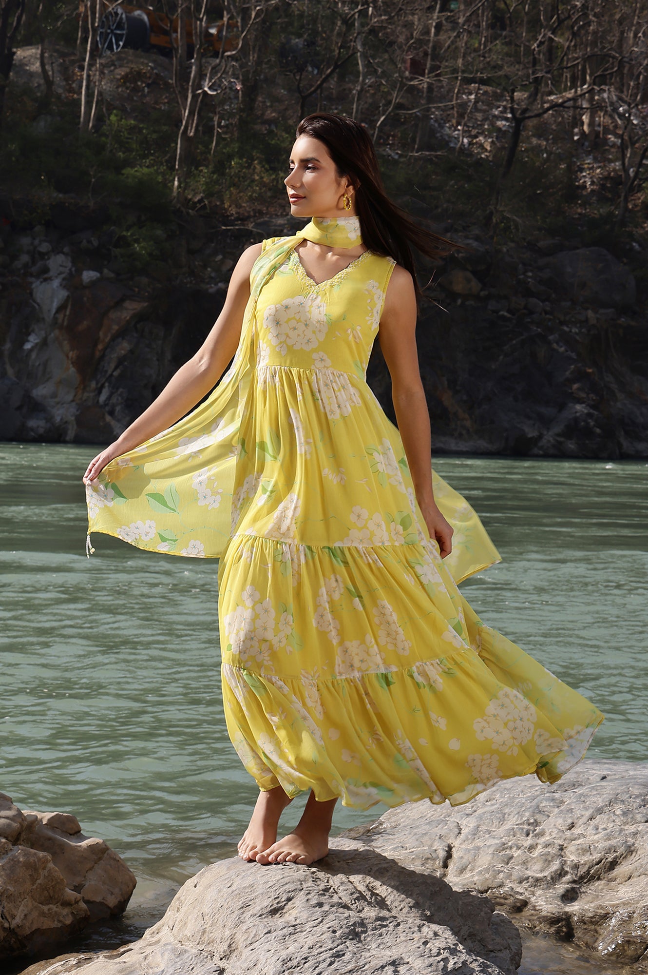 Buy Yellow Floral Printed Tiered Dress and Dupatta Set Online for Woman |  WforWoman