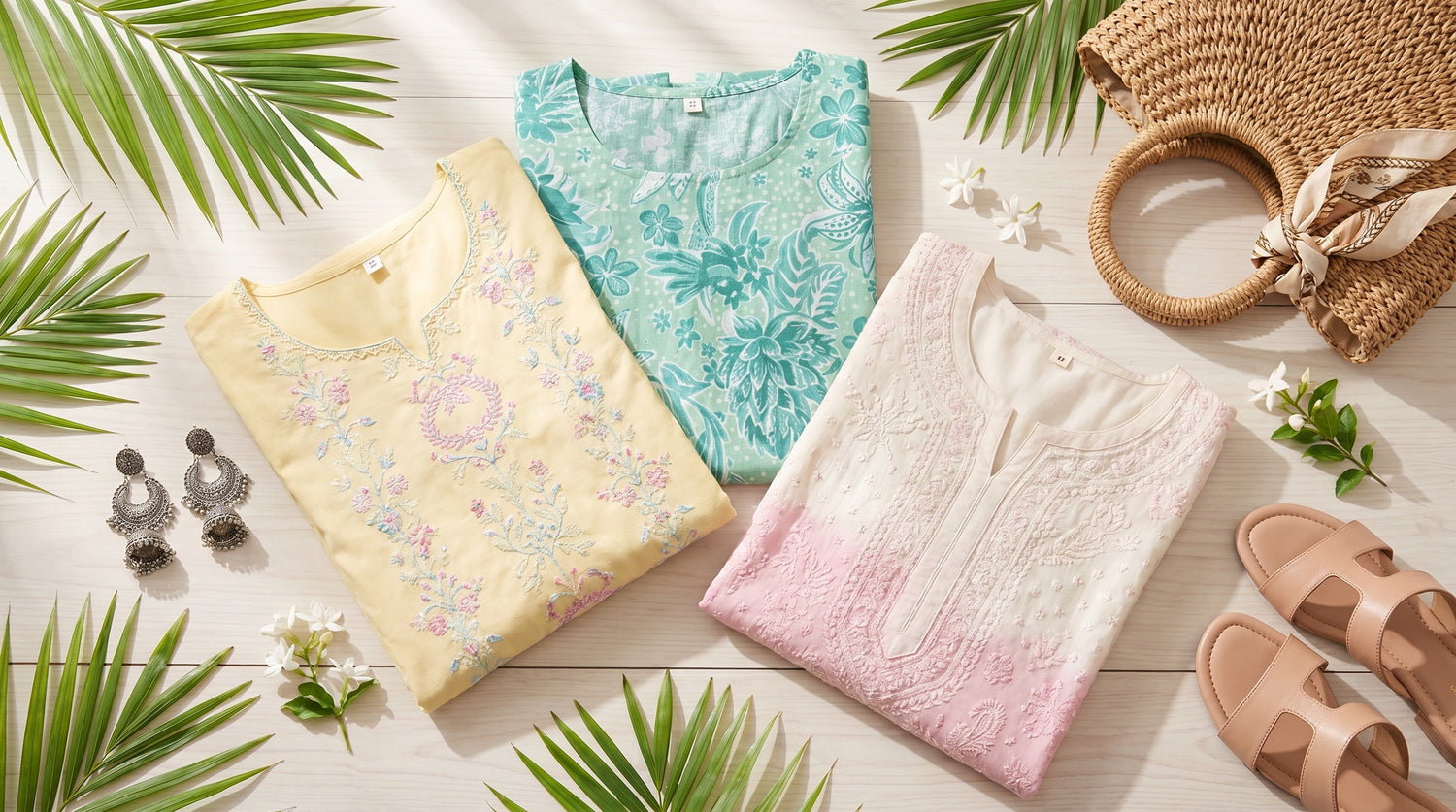 Summer ethnic wear styling flatlay with cotton kurtas, silver jewelry, and sandals on a light wooden surface
