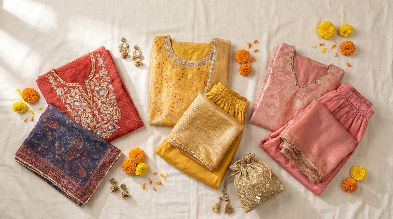 Flatlay of red, yellow, and pink sharara sets with gold jewellery and marigold flowers