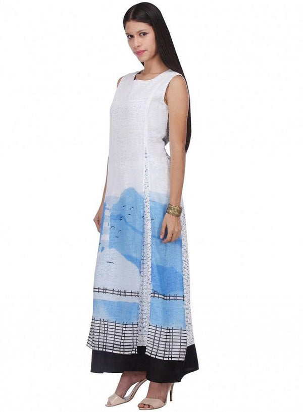 White Printed Sleeveless Dress