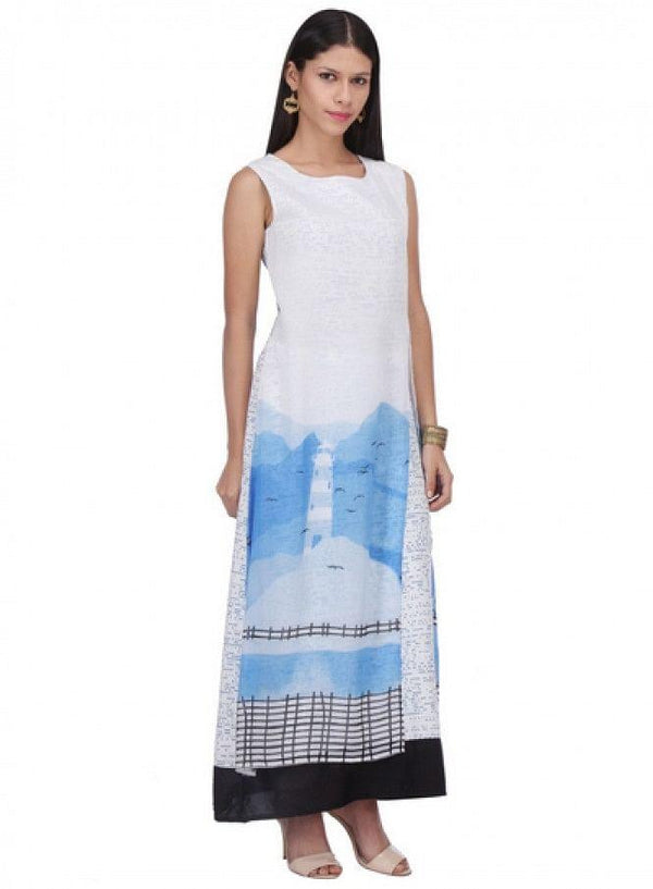 White Printed Sleeveless Dress