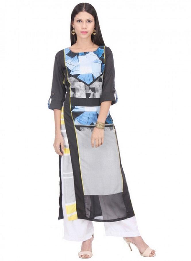 Black Printed 3/4 Sleeve kurta - wforwoman