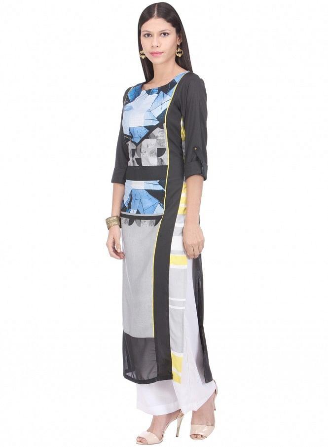 Black Printed 3/4 Sleeve kurta - wforwoman