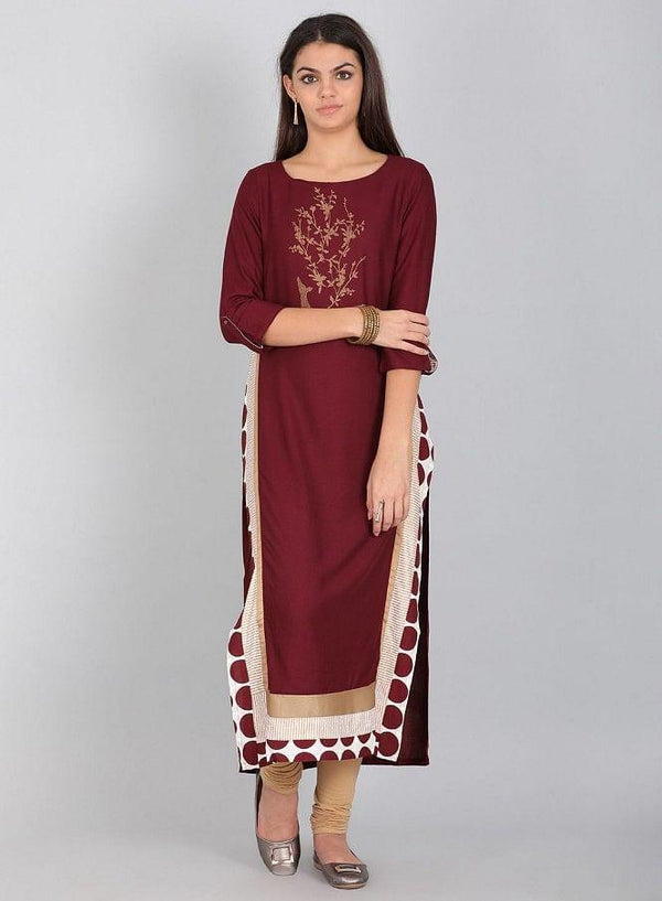 Maroon Round Neck Printed kurta