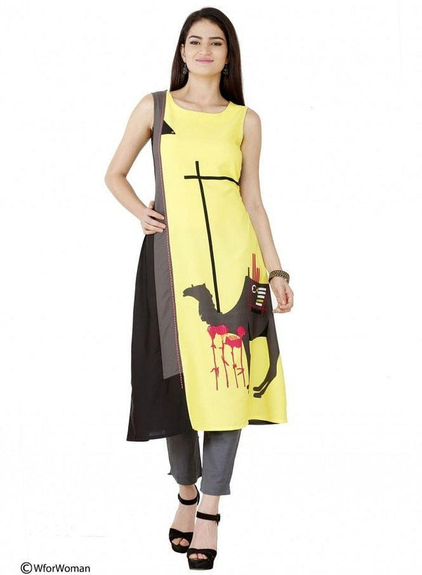 Yellow Printed Sleeveless kurta