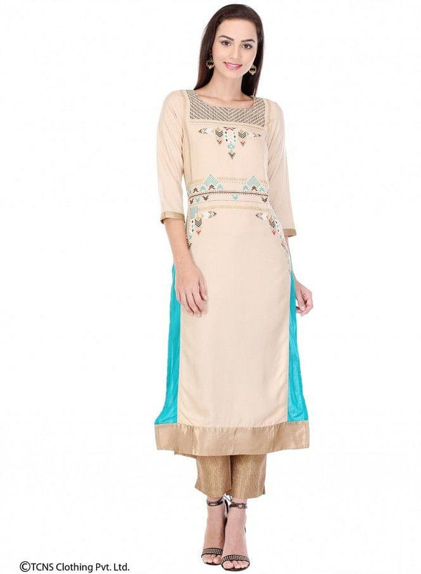 Beige Printed 3/4 Sleeve kurta