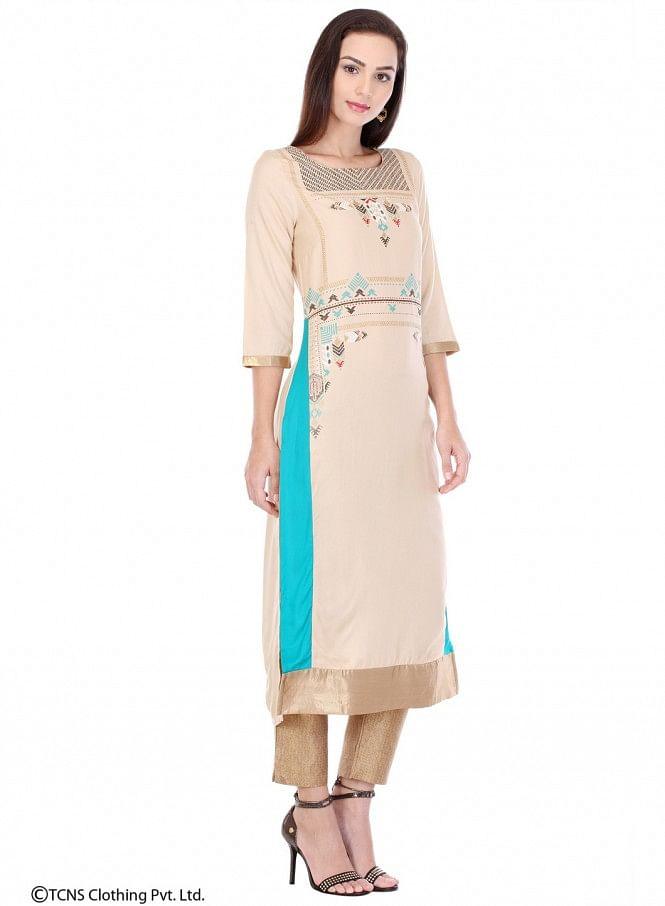 Beige Printed 3/4 Sleeve kurta - wforwoman