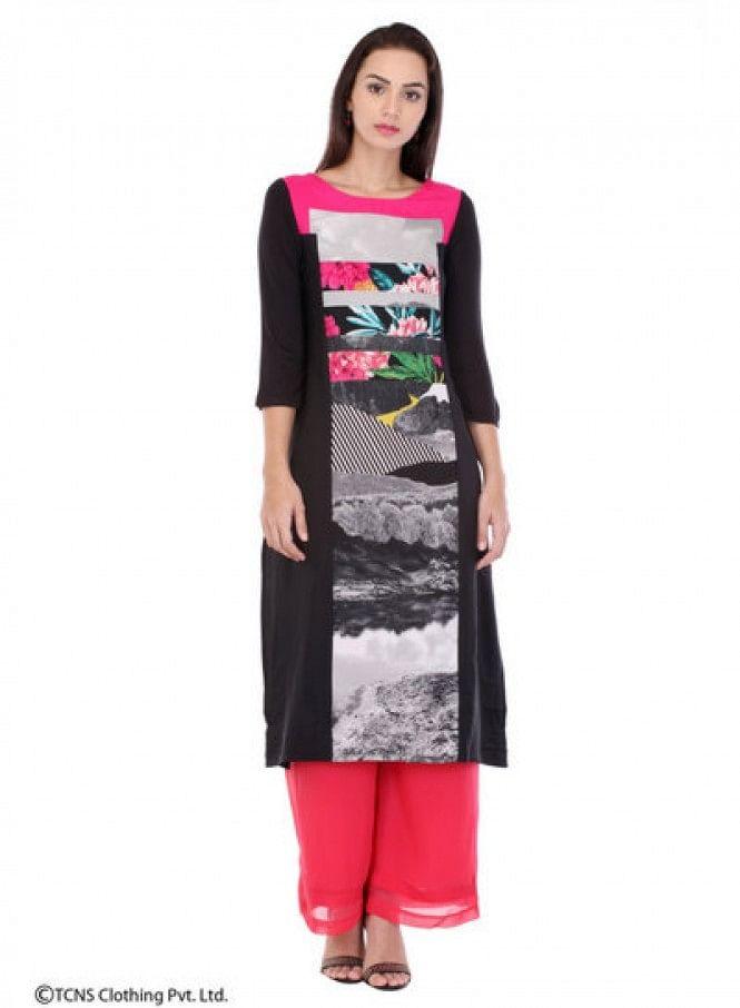 Black Printed 3/4 Sleeve kurta - wforwoman