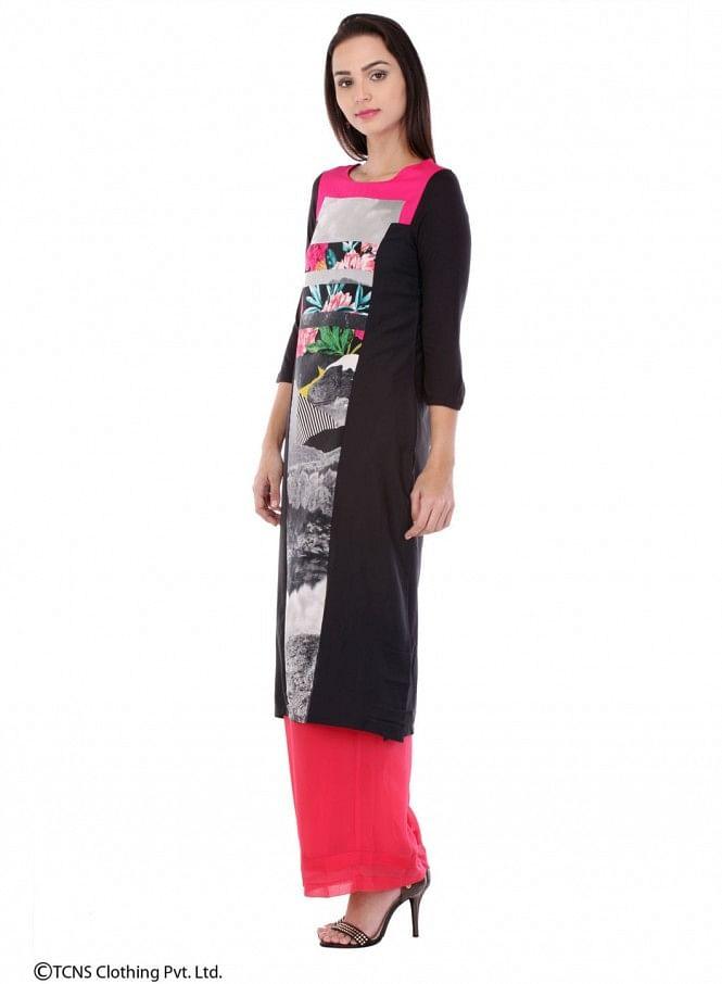 Black Printed 3/4 Sleeve kurta - wforwoman
