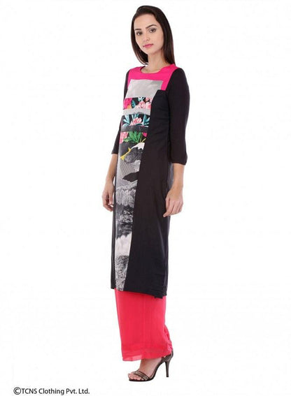Black Printed 3/4 Sleeve kurta - wforwoman