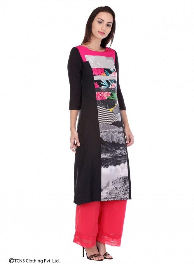 Black Printed 3/4 Sleeve kurta - wforwoman