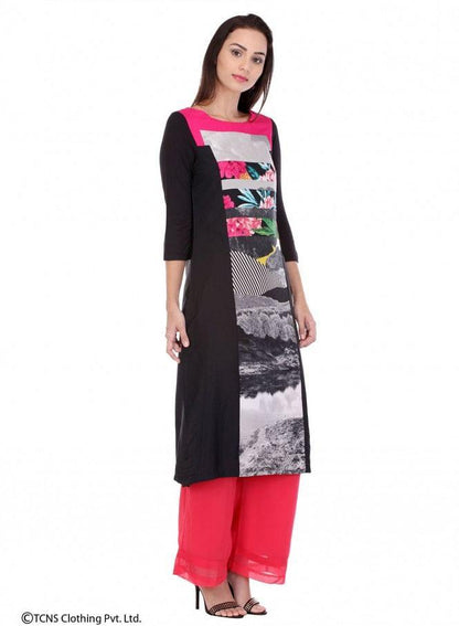 Black Printed 3/4 Sleeve kurta - wforwoman